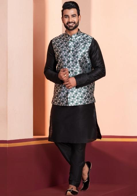 Black Embroidery Silk Kurta Set For Men