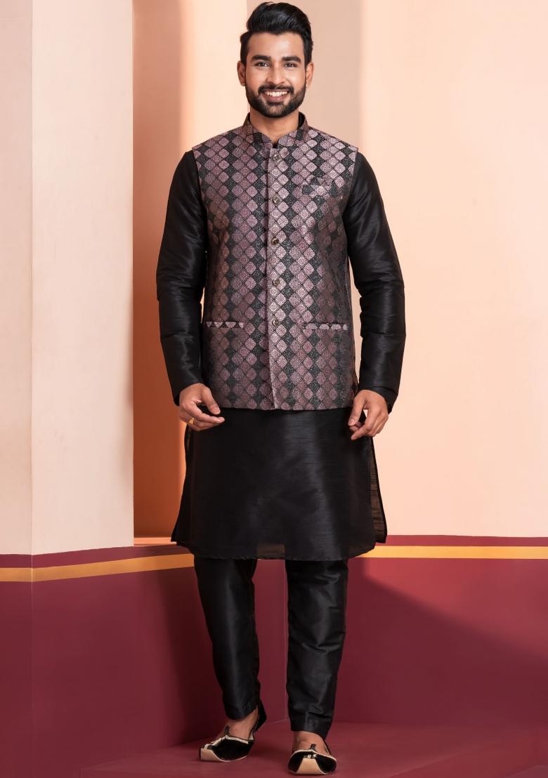 Black Embroidery Silk Kurta Set For Men - Indya