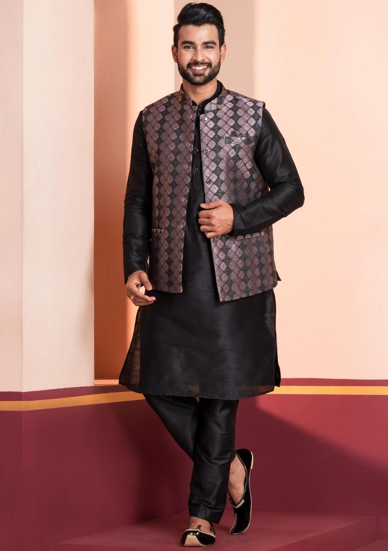 Black Embroidery Silk Kurta Set For Men - Indya