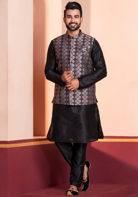 Black Embroidery Silk Kurta Set For Men