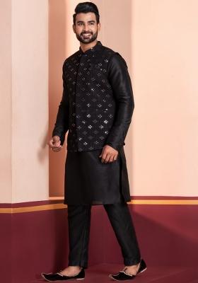 Black Embroidery Silk Kurta Set For Men