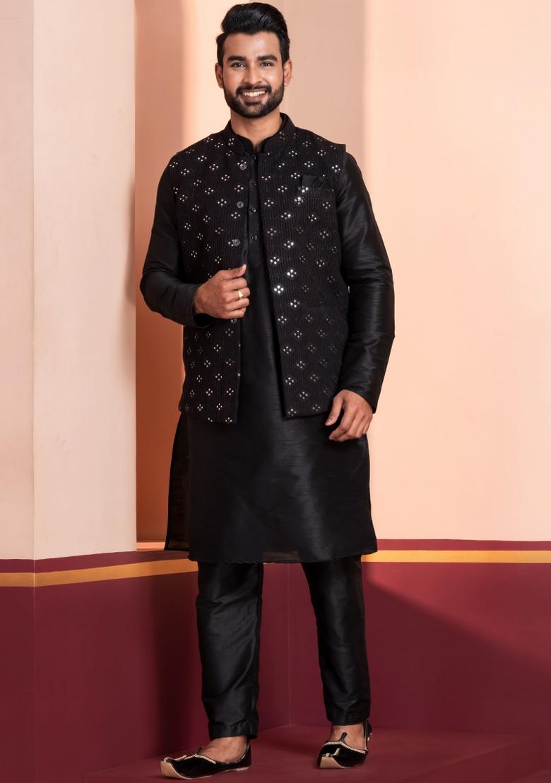 Black Embroidery Silk Kurta Set For Men - Indya