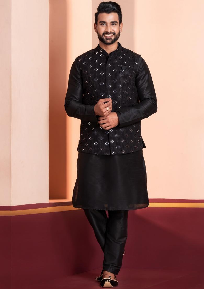 Black Embroidery Silk Kurta Set For Men - Indya