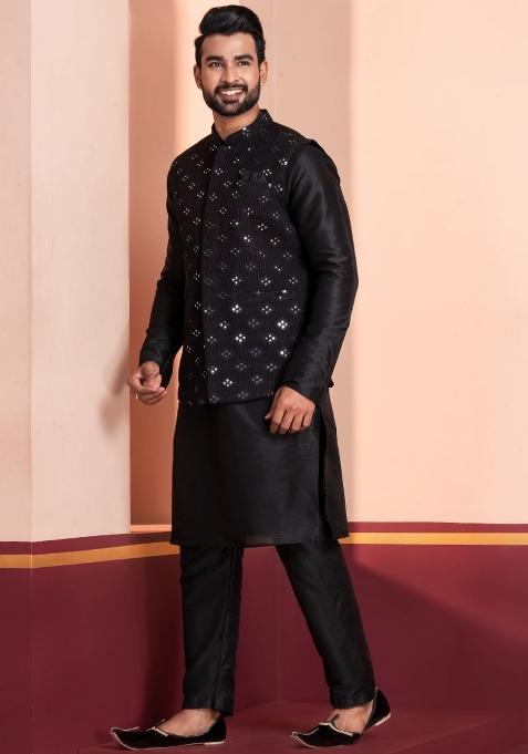 Black Embroidery Silk Kurta Set For Men