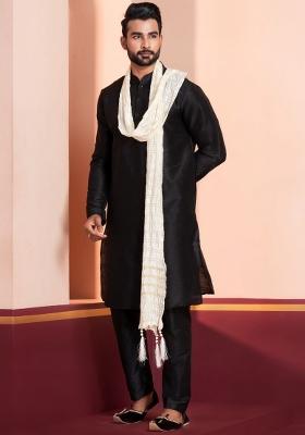 Black Embroidery Silk Kurta Set For Men