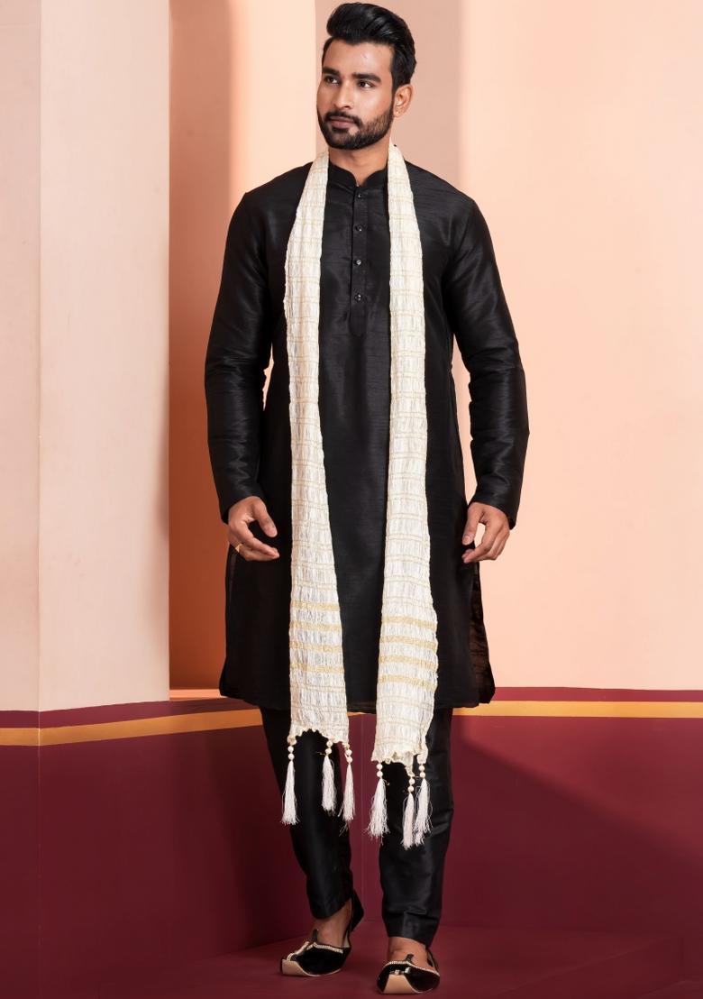 Black Embroidery Silk Kurta Set For Men - Indya