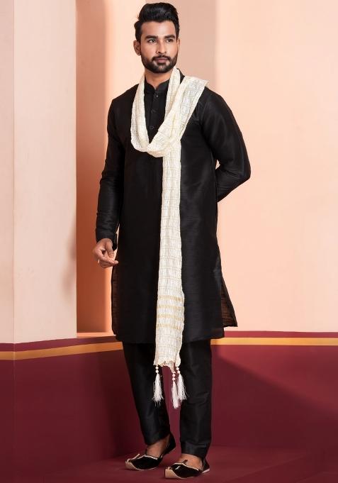 Black Embroidery Silk Kurta Set For Men