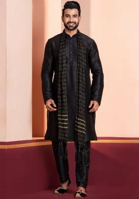 Black Embroidery Silk Kurta Set For Men