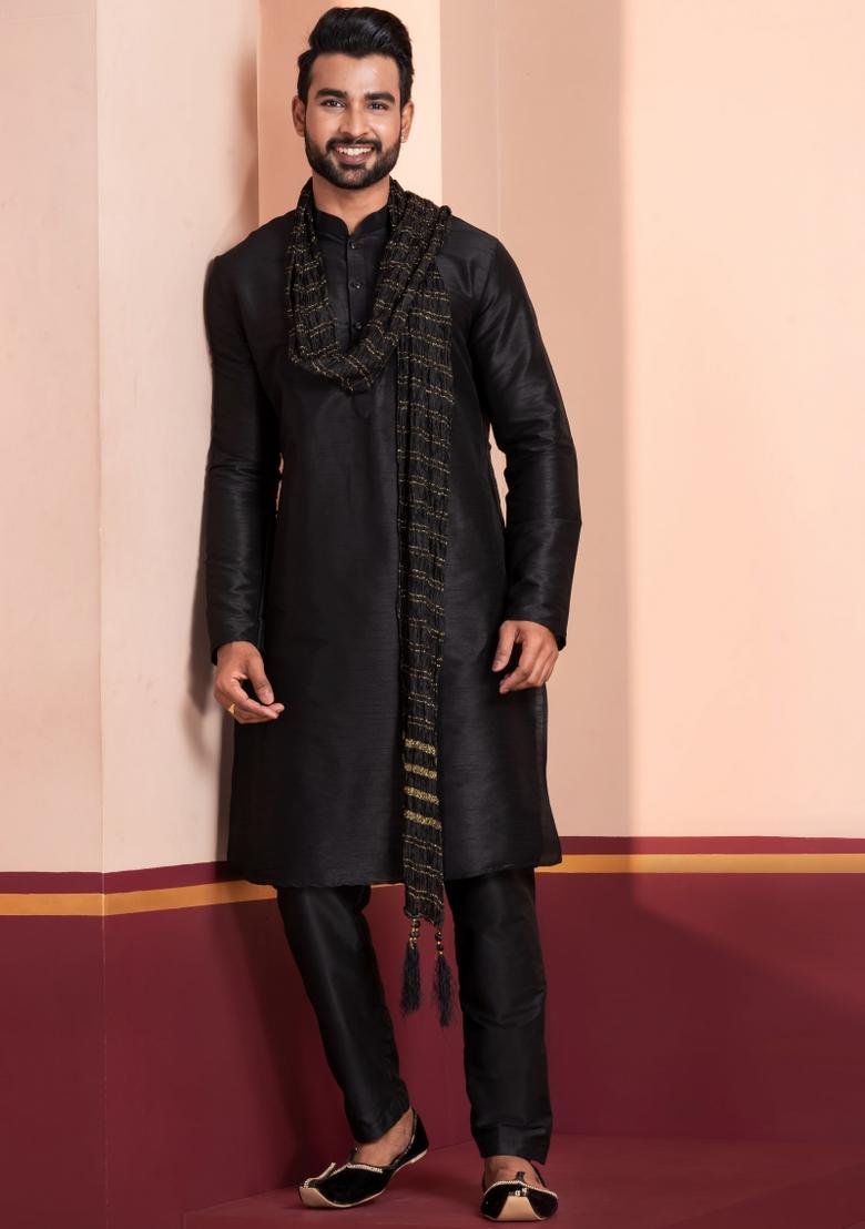 Black Embroidery Silk Kurta Set For Men - Indya