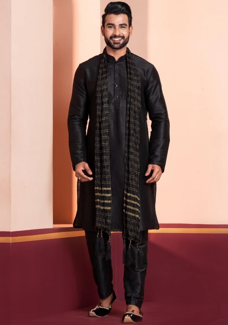 Black Embroidery Silk Kurta Set For Men - Indya
