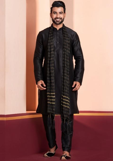 Black Embroidery Silk Kurta Set For Men