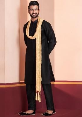 Black Embroidery Silk Kurta Set For Men