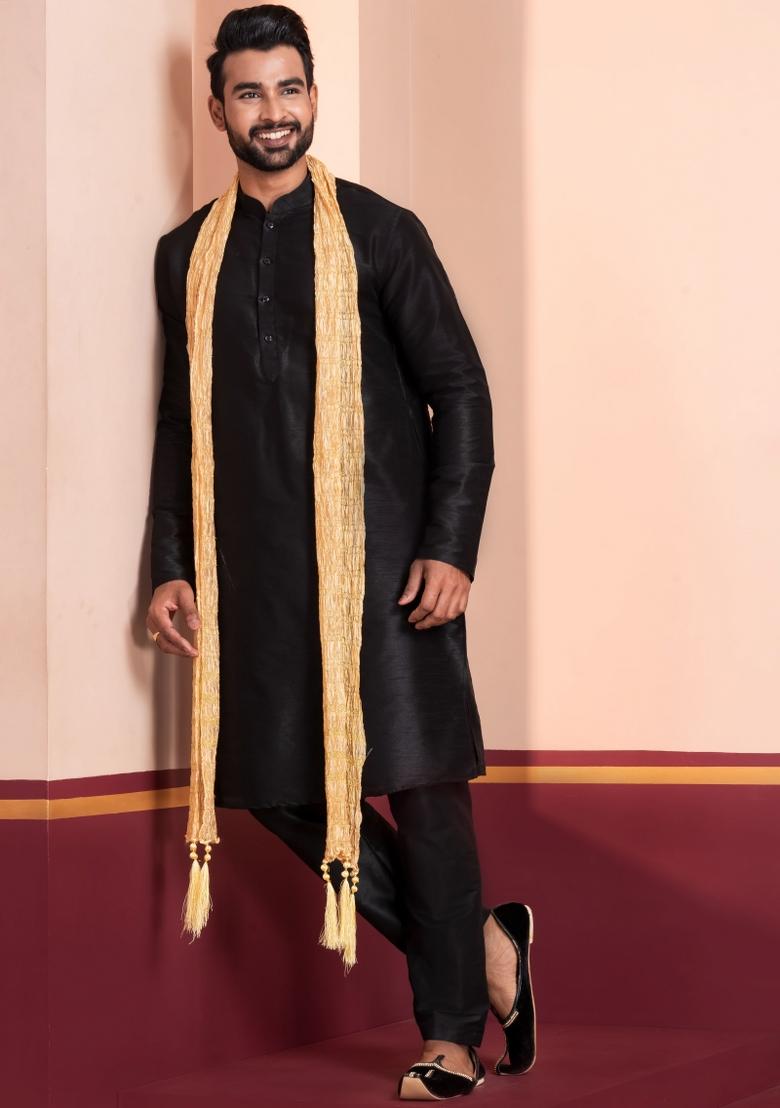 Black Embroidery Silk Kurta Set For Men - Indya