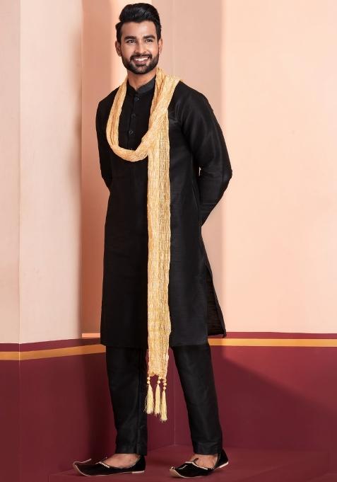 Black Embroidery Silk Kurta Set For Men