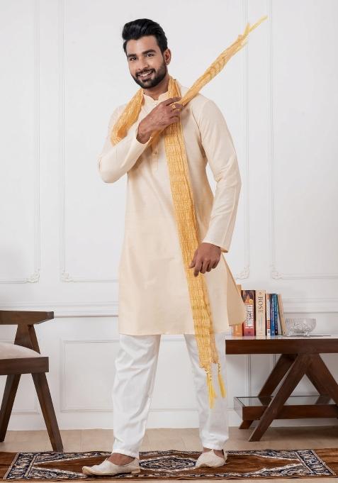 Golden Embroidery Silk Kurta Set For Men