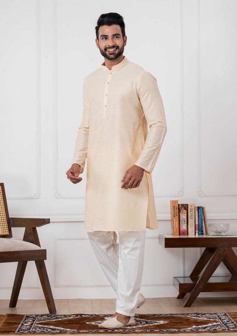 Golden Embroidery Silk Kurta Set For Men - Indya