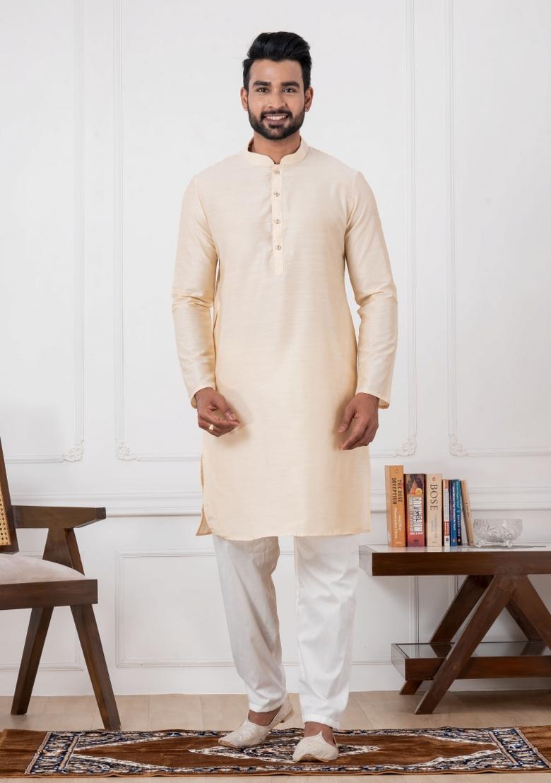 Golden Embroidery Silk Kurta Set For Men - Indya