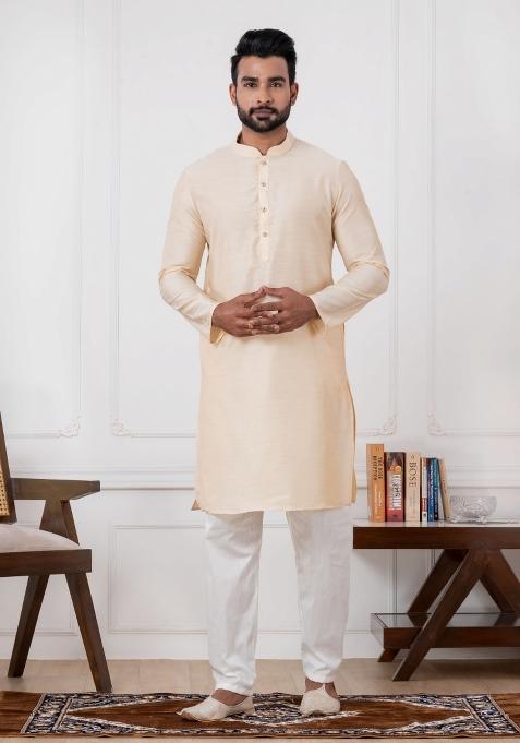 Golden Embroidery Silk Kurta Set For Men