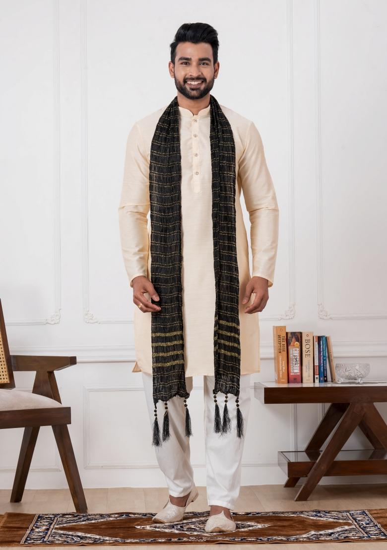 Golden Embroidery Silk Kurta Set For Men - Indya