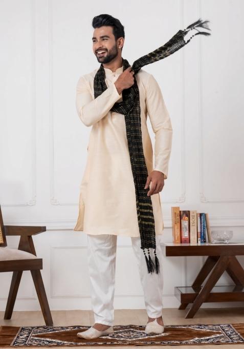 Golden Embroidery Silk Kurta Set For Men