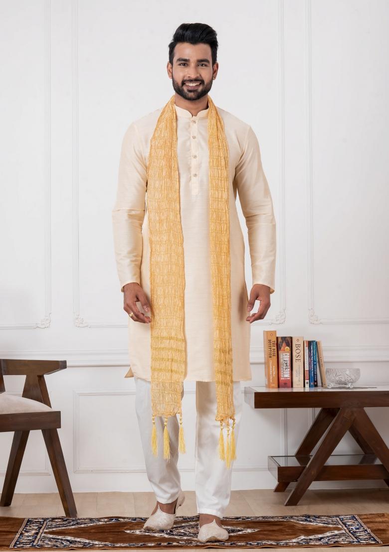 Golden Embroidery Silk Kurta Set For Men - Indya