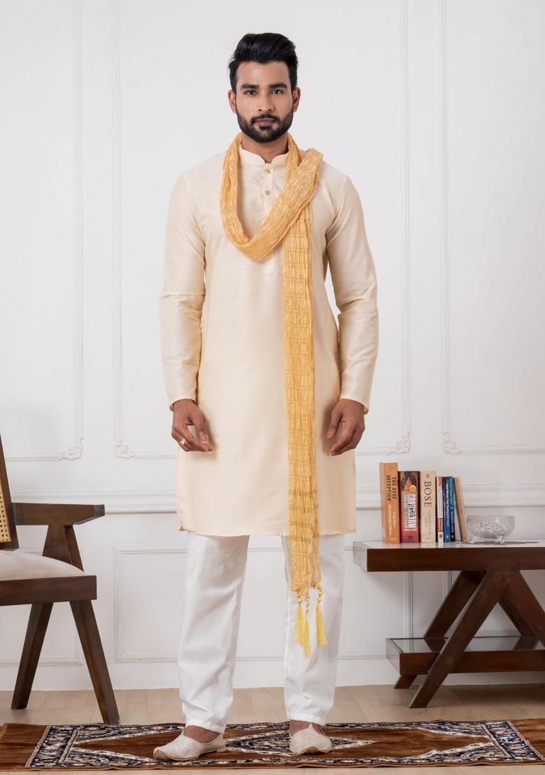 Golden Embroidery Silk Kurta Set For Men - Indya