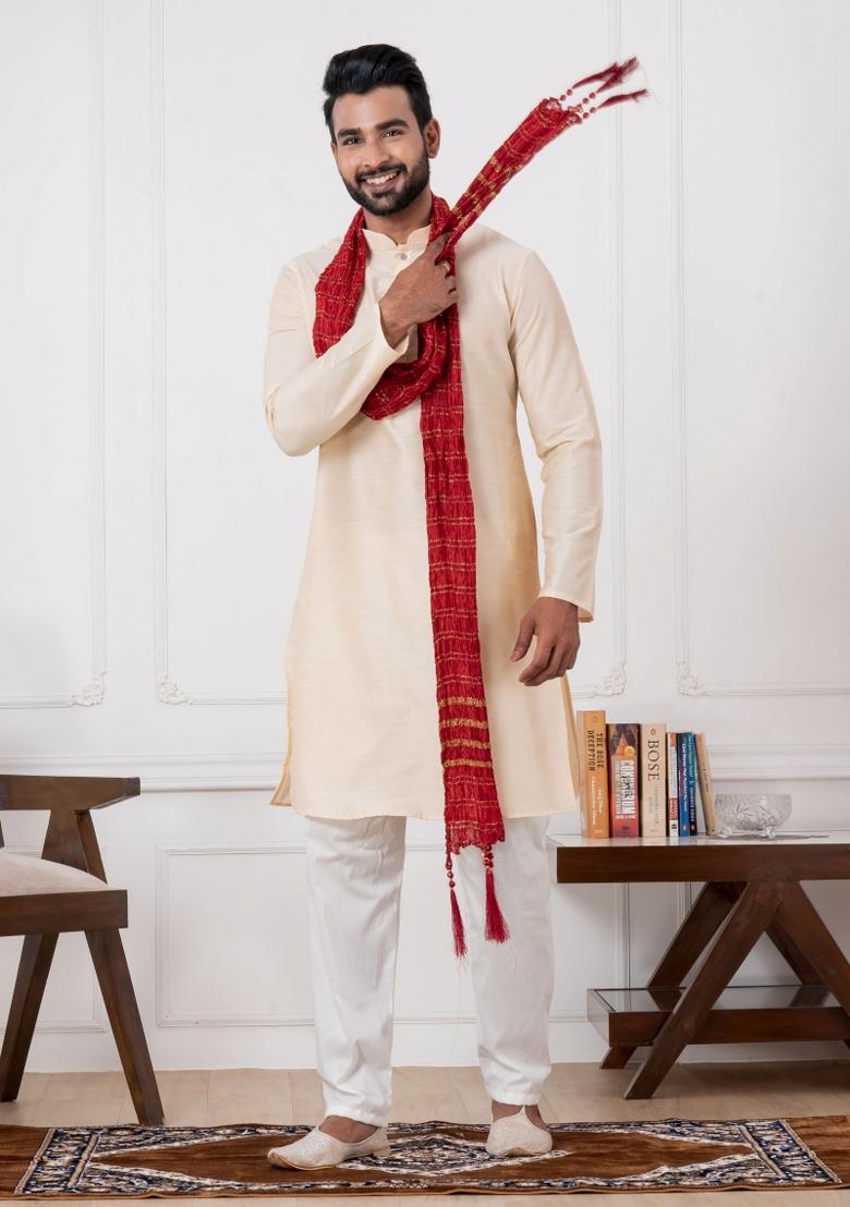Golden Embroidery Silk Kurta Set For Men - Indya