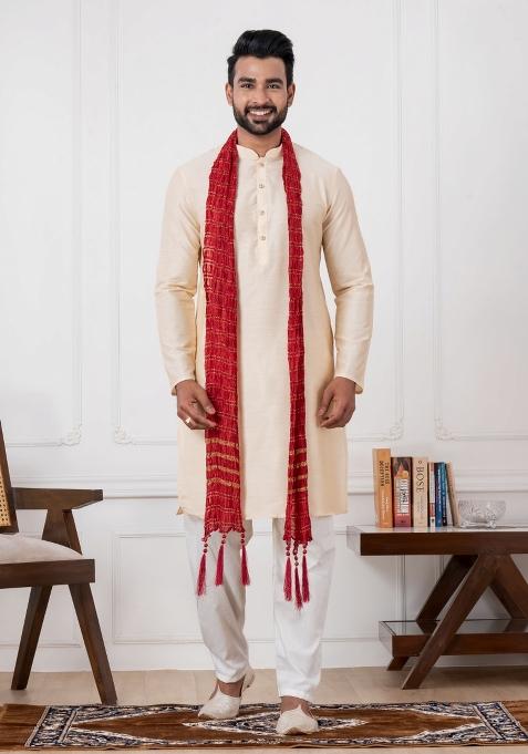 Golden Embroidery Silk Kurta Set For Men