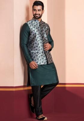 Green Embroidery Silk Kurta Set For Men