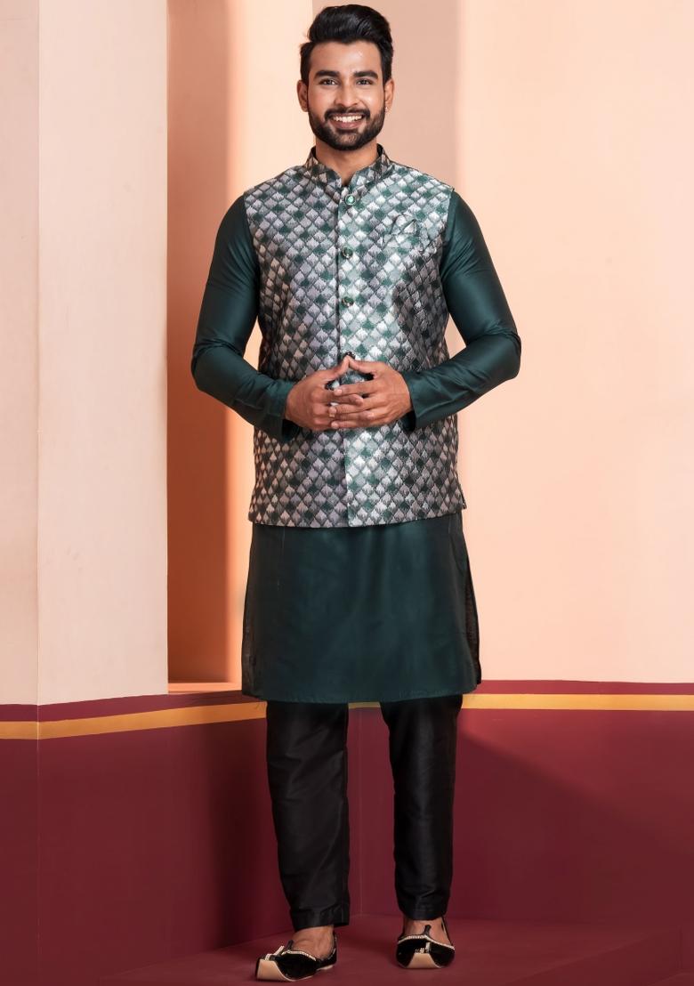 Green Embroidery Silk Kurta Set For Men - Indya