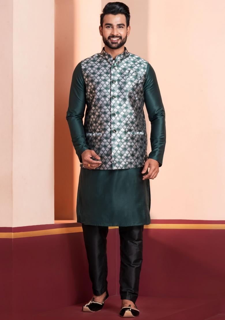 Green Embroidery Silk Kurta Set For Men - Indya