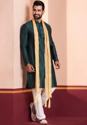 Green Embroidery Silk Kurta Set For Men