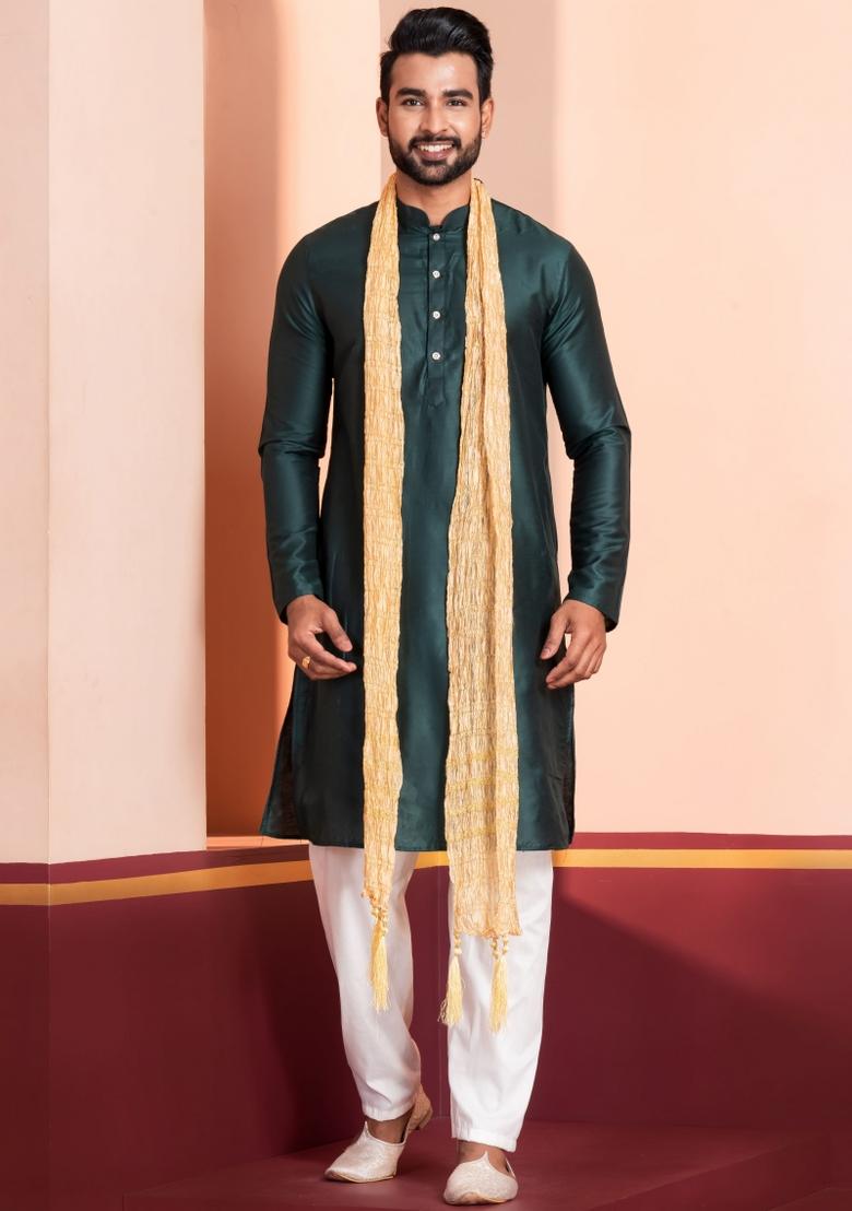Green Embroidery Silk Kurta Set For Men - Indya