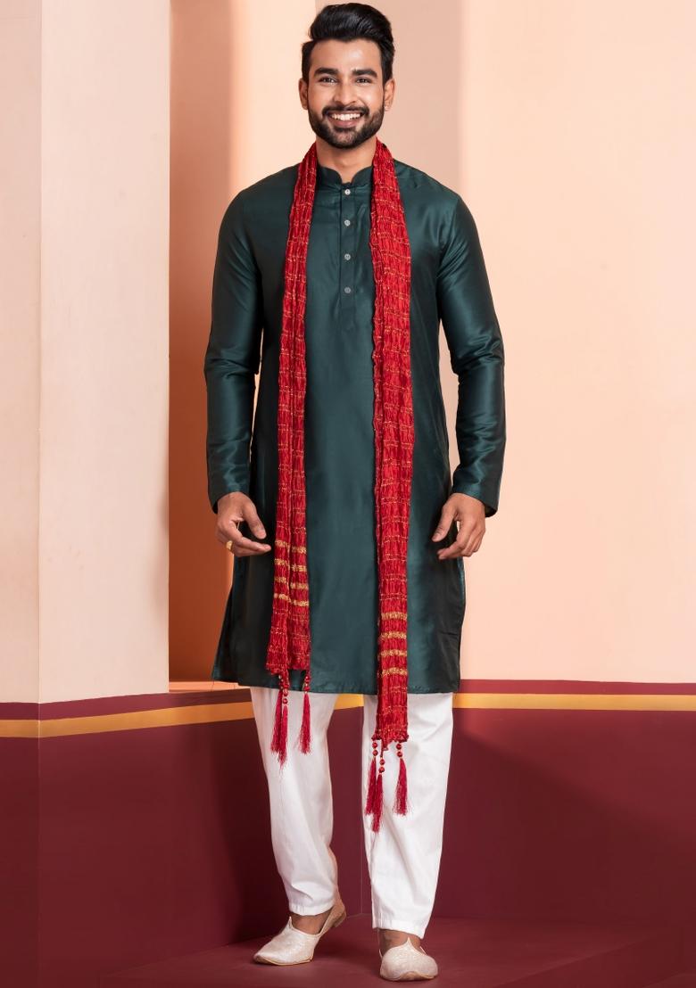 Green Embroidery Silk Kurta Set For Men - Indya