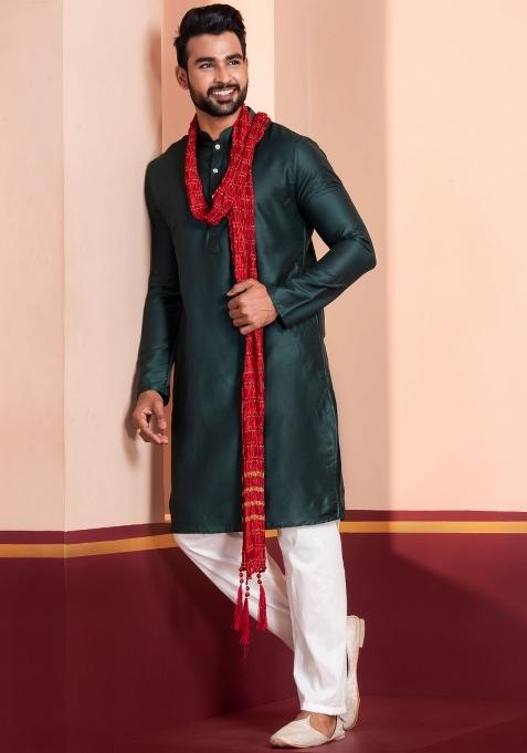 Green Embroidery Silk Kurta Set For Men