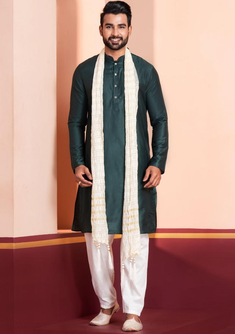 Green Embroidery Silk Kurta Set For Men - Indya