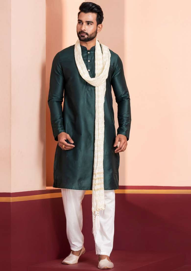 Green Embroidery Silk Kurta Set For Men - Indya
