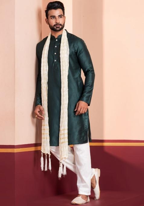 Green Embroidery Silk Kurta Set For Men