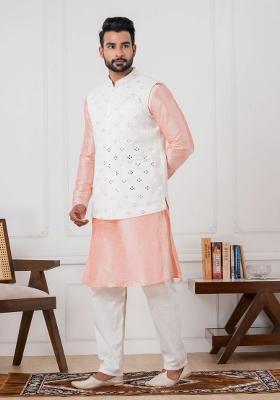 White Embroidery Silk Kurta Set For Men