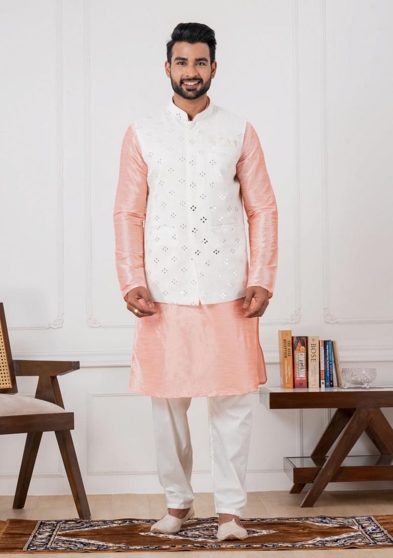White Embroidery Silk Kurta Set For Men - Indya