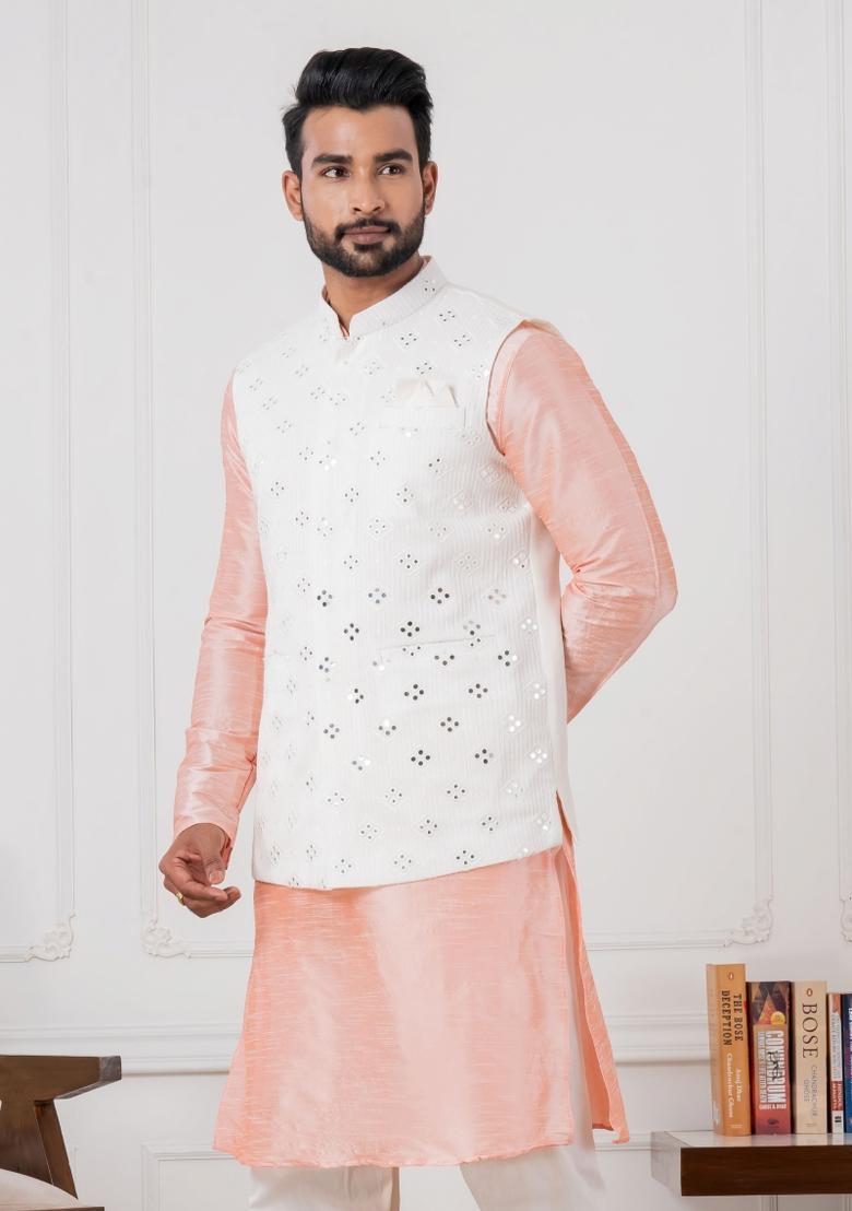 White Embroidery Silk Kurta Set For Men - Indya