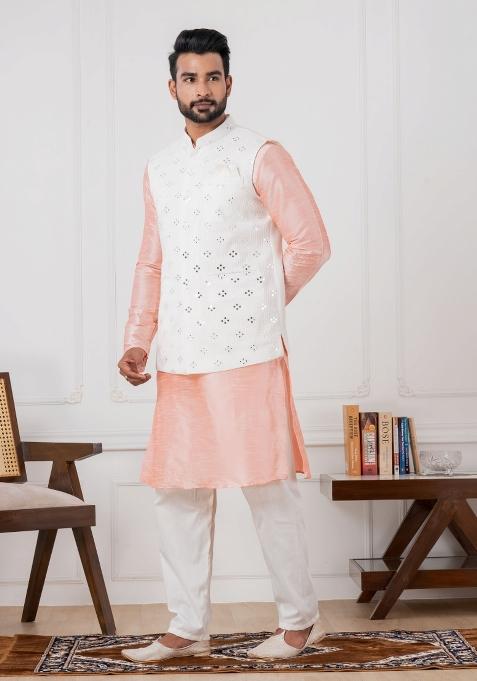White Embroidery Silk Kurta Set For Men