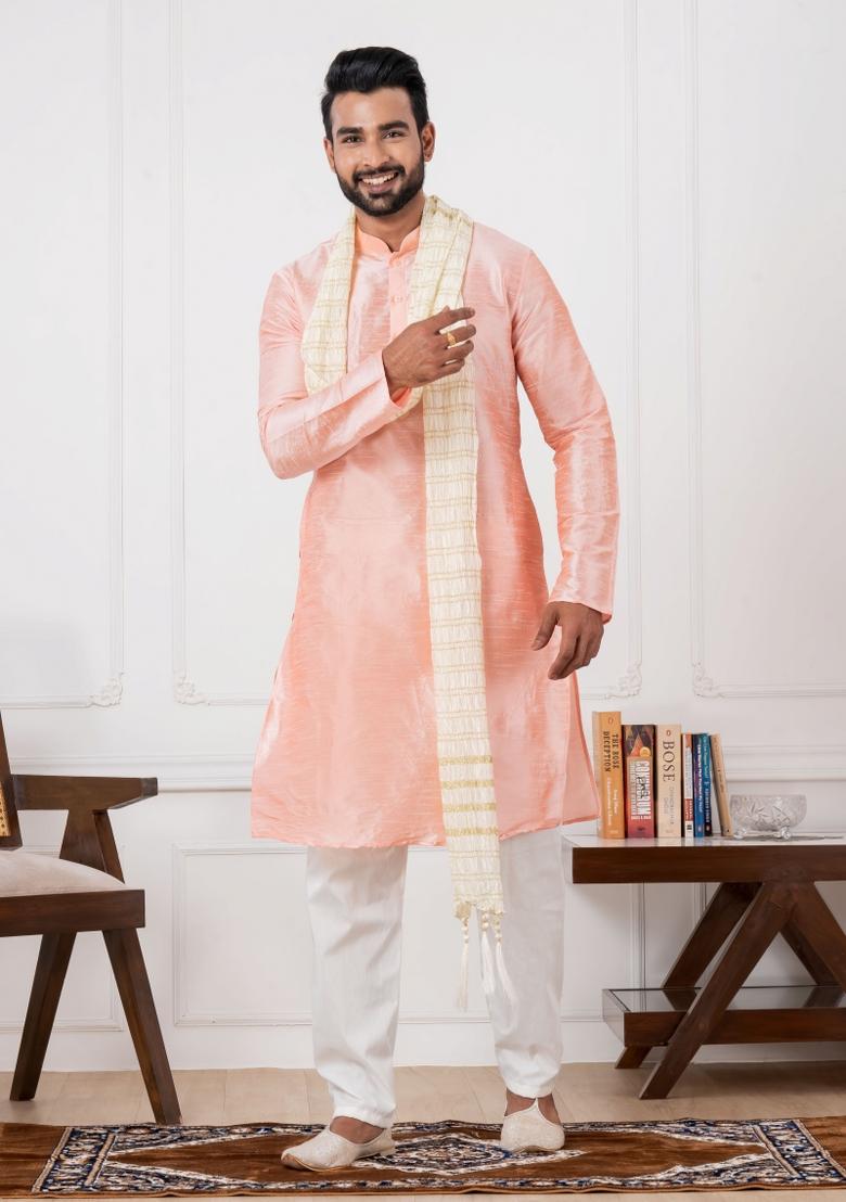 Pink Embroidery Silk Kurta Set For Men - Indya