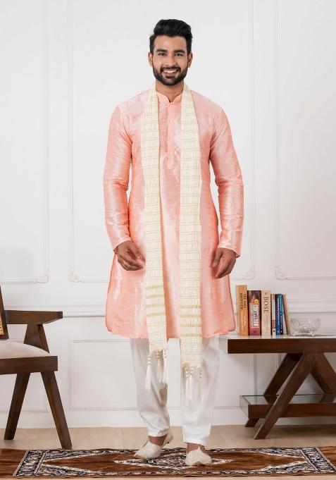 Pink Embroidery Silk Kurta Set For Men