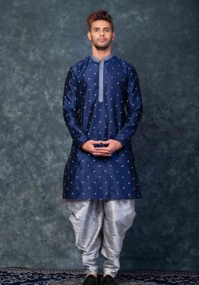 Blue Embroidery Silk Kurta Set For Men
