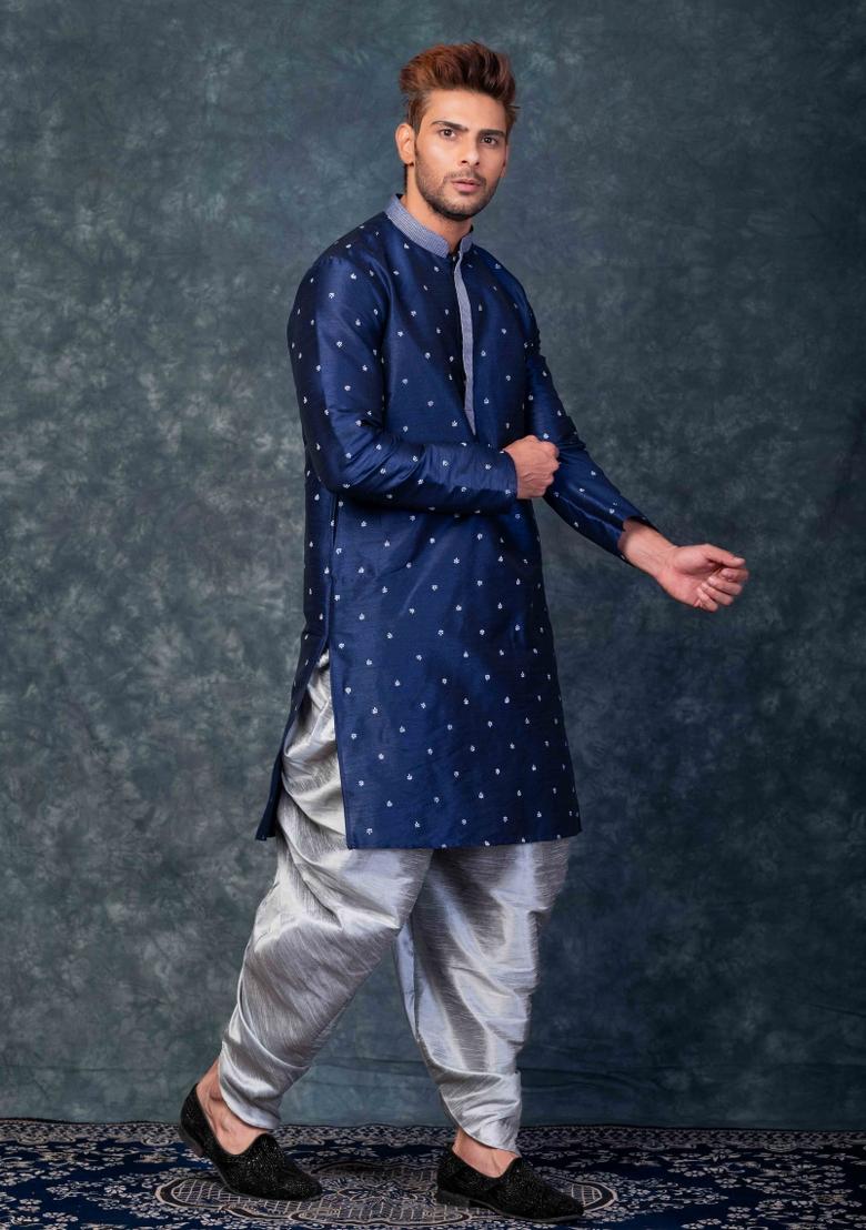 Blue Embroidery Silk Kurta Set For Men - Indya