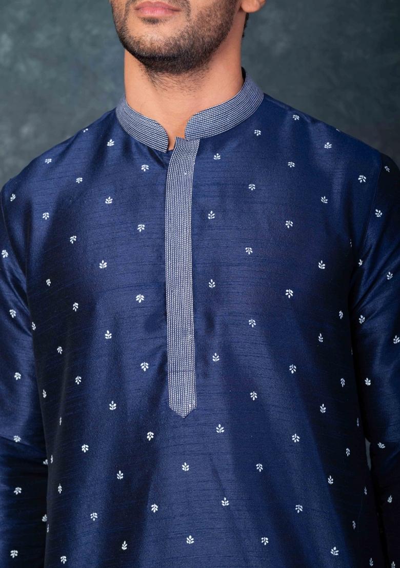 Blue Embroidery Silk Kurta Set For Men - Indya