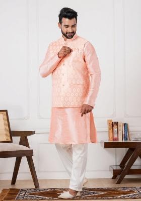 Pink Embroidery Silk Kurta Set For Men