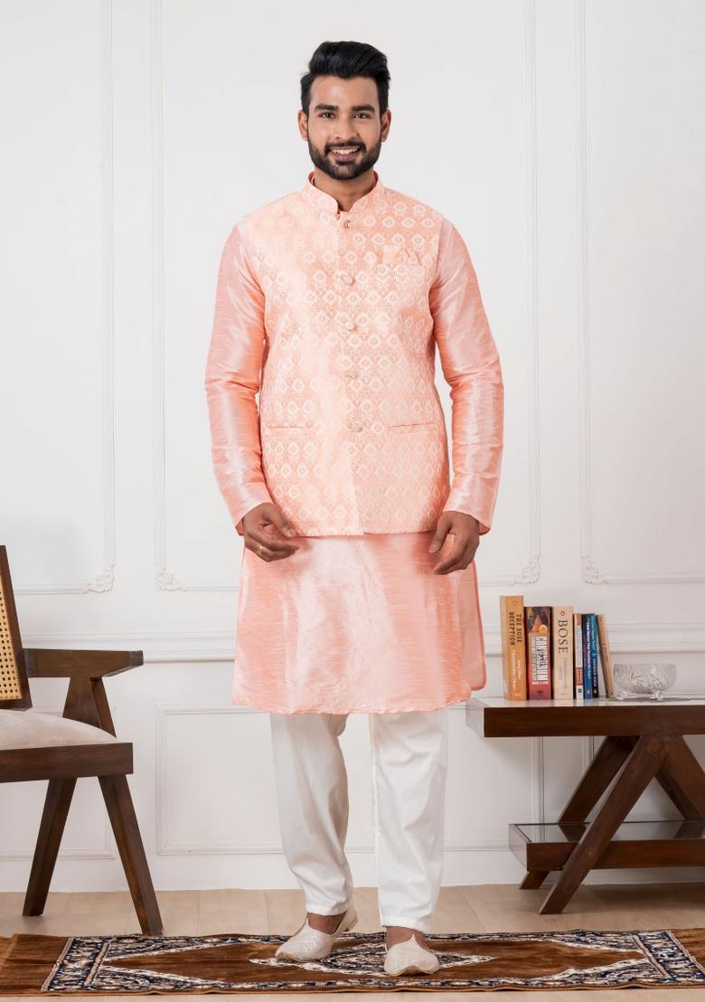 Pink Embroidery Silk Kurta Set For Men - Indya