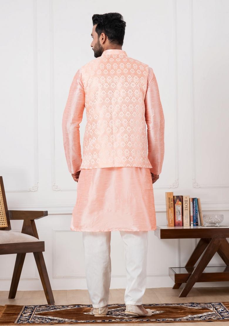 Pink Embroidery Silk Kurta Set For Men - Indya